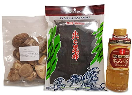 Hon Mirin 400ml, Dashi Kombu Algen 113,4g, Shiitake Pilze getrocknet 50g