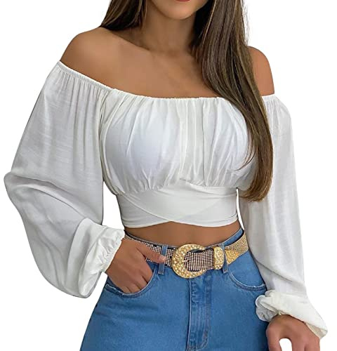 Top Corto con Hombros Descubiertos para Mujer, Top Corto con Hombros Descubiertos, Camisa de Manga Larga con Hombros Descubiertos, Blusa con Estampado de Flores de Verano, Tops, Túnica con(S-Blanco)