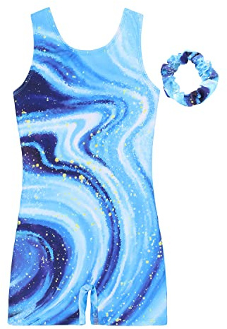 JESKIDS Leotards for Girls Gymnastics with Shorts Dance Biketards Tumbling Matching Hair Scrunchie Milky Way 4-5 Years