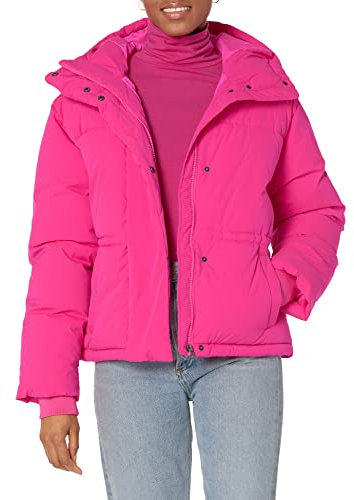 Amazon Essentials Women's Short Waisted Hooded Puffer Jacket (Available in Plus Size), Neon Pink, XXL