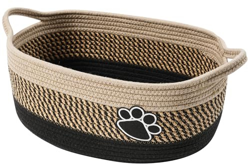 Small Woven Baskets for Organizing Rope Storage Basket with Handle Cute Cotton Nursery Gift Dog Toy Bins Organizer-Light Beige