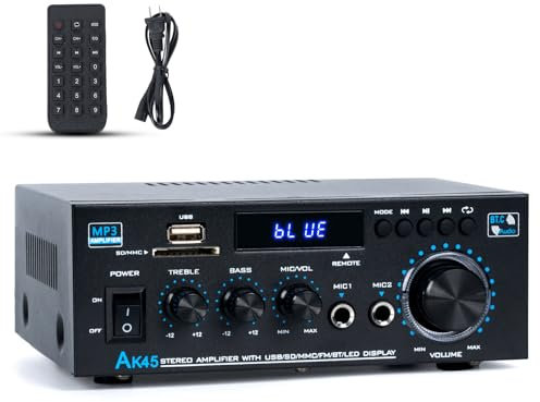 Bluetooth-Stereo-Receiver und Heim-Audioverstärker, 300 W x 2, 2-Kanal für Heimkino- und Regallautsprecher, mit FM-Radio-Karaoke, mit USB/SD/RCA/MIC/FM-Eingang, mit Fernbedienung