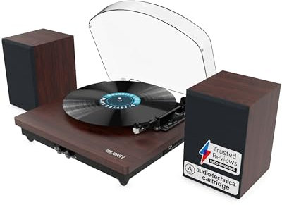 Plattenspieler mit Lautsprecher | Schallplattenspieler Bluetooth | Vinyl Player mit Premium-Kassette | Record Player mit USB-Aufnahme | Turntable mit 45-RPM-Adapter und Filzmatte | Majority Moto Plus