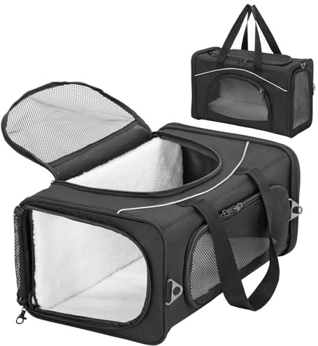 Petsfit Trasportino per Gatti e Cani Traspirante Leggero Trasportino per Cani con 2 Cuscini Lavabile Borsa da Viaggio per Aereo Auto - M/Nero