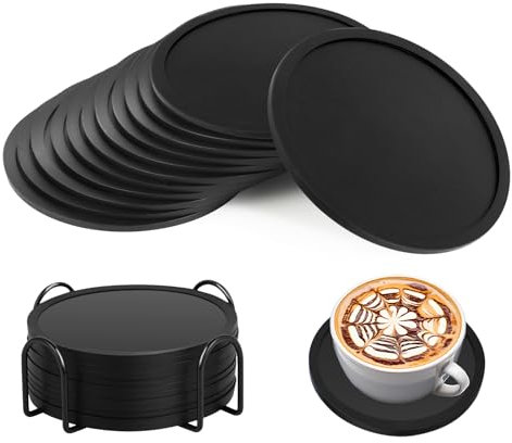 Silicone nero 12 Pezzi - Sottobicchieri silicone - Sottobicchiere, Resistente al Calore e Impermeabile, Protezione per Tavolo, Adatto per Casa, Ufficio e Bar (10x10x0.3cm) (Nero)