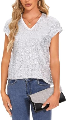 Kyzoeyou Hauts pour femme - Chemises à paillettes scintillantes - Col en V - Tunique ample à paillettes - Style décontracté