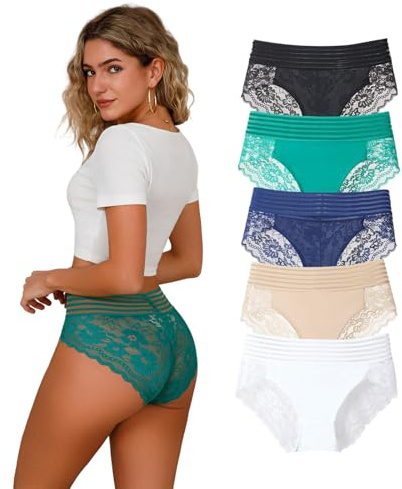 APRSEA Women Knickers Breathable High Waist Pants Romantic Floral Lace Trim Stretchy Fit Comfort Colorful Pants Multipack L