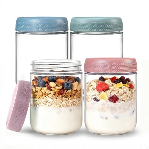 BCnmviku 16oz Mason Jar,Overnight Oats Container with Lids,Airtight Glass Jars for Milk,Fruit,Candy,Canning,Cereals,Pickling,Food Storage (4)