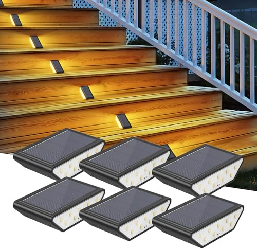 Smilng Shark Luces Solares Exterior, 6 Piezas Luz de Escalera LED para Exterior Blanca Cálida Iluminación de Doble Lado IP65 Impermeable Lamparas Solares para Jardín Camino Patio Terraza