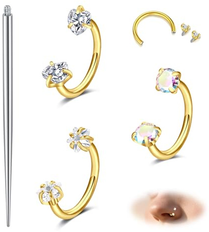MODRSA Anneau de Nez Fer à Cheval Piercing Septum 18G Acier Chirurgical Doré Bijou Coeur Zirconium 8mm pour Femme