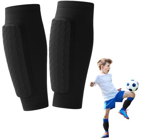 Shin Guards Kids, 2PCS Black Soccer Shin Defender Pads with Sleeves, Youth Football Protective Gear, Breathable Honeycomb Design for Children Sports Safety