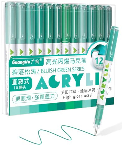 Guangna Stylo Gel Acrylique 12 Couleurs, Stylos Couleur Pour Journaling, Livres De Coloriage, Calligraphie, Prise De Notes & Bricolage, Pointe En Rollerball (Vert Bleu)