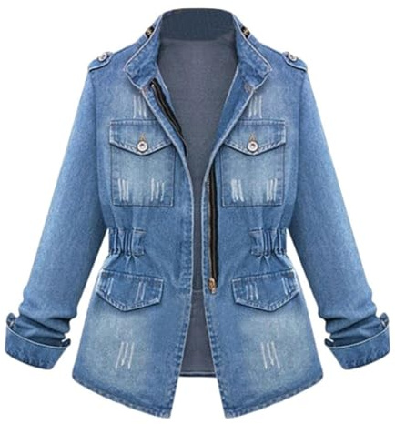 Denim Jackets Women Casual Solid Color Tunic Coat Plus Size Standing Collar Long Sleeves Zipper Up Jean Jacket Casual Autumn Jean Blazer Outerwear