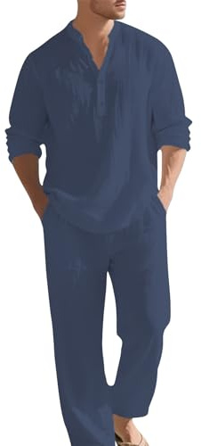 Generico Completi Lino Uomo Estivi Leggeri Tuta Maglietta a Manica Lunga + Pantaloni Completo In Lino Casual 2 Pezzi Leggero Completi Elegante Sportiva Taglie Forti Morbido Per Il Tempo Libero