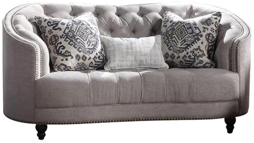 ACME Saira Button Tufted Loveseat with 3 Pillows in Light Gray Fabric