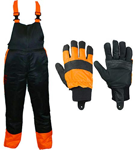 SPARES2GO Chainsaw Safety Bib & Brace (L) + Protective Gloves