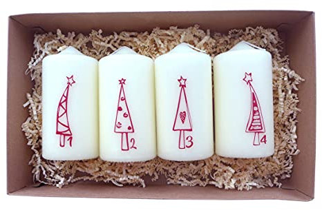4er Set Adventskranz Kerze | Weihnachtskerze Weihnachtsbaum | Kerzen in Geschenkbox | 12 cm