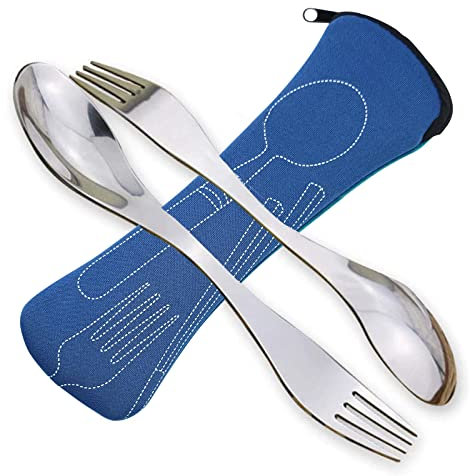 Göffel Edelstahl 2 Teilig, Tragbarer Camping Göffel Wiederverwendbar Löffel Gabel Campingbesteck Set mit Bestecktasche für Picknick im Freien Reisen Wandern (Blau)