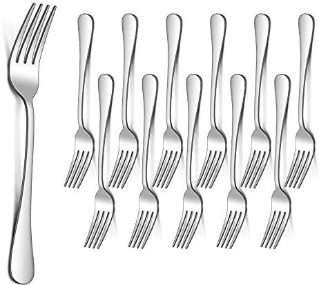 HaWare Fork Set of 12, Large Stainless Steel Dinner Table Forks for Home, Kitchen, Restaurant, Silver & Round Edge, Mirror Polished& Dishwasher Safe - 20cm