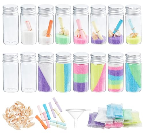 WEBEEDY 16 Set DIY Colored Sand Bottle Art Activity Kit Create Your Own Sand Art Craft Set Included Wishing Bottles Colorful Sands Beach Sea Shells Message Paper