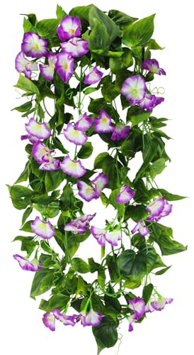 CISDUEO 2 Pcs Artificial Vines Silk Morning Glory Vines for Outdoor 15Feet Hanging Plants Garland Purple Fake Green Plant Morning Glories for Home Decor Wall Fence Stairway Wedding Hanging Baskets