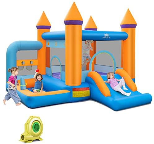 RELAX4LIFE 5 in 1 Castello Gonfiabile per Bambini con Soffiatore 735W, Parco Acquatico Gonfiabile con Scivolo da Esterno, 50 Palline e Borsa per il Trasporto