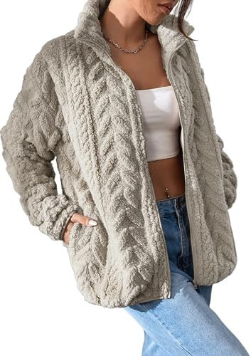 Dokotoo Fleece Womens Jackets Soft Zipper Up Christmas Winter Oversized Long Sleeves Side Pockets Plus Size Coats 2025 Plus Size,Khaki Medium
