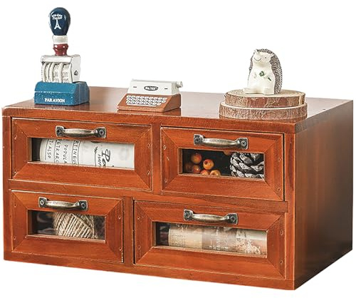 Store and Display Wooden Desk Top Organizer Cabinet - Mahogany Wood Display Chest with 4 See-Through Drawers - Additional Storage for Work Table, Vanity, Dresser Shelf or Kitchen Counter