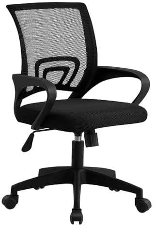 HOGAR24 ES - Silla de Oficina Ergonómica Ajustable con Soporte Lumbar, Reposabrazos y Asiento Acolchado, Malla Transpirable con Respaldo Medio, Modo Mecedora, Color Negro.