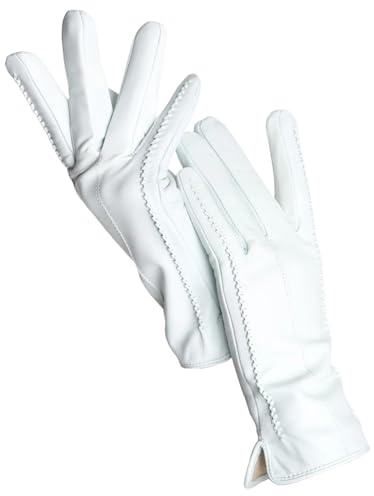 Guanti da donna in pelle di pecora per l'inverno, corti e sottili, con touchscreen, per la guida, Bianco standard., 7.5