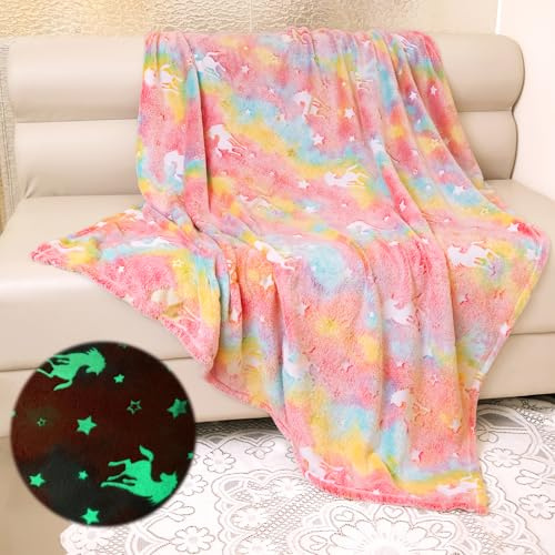 Yeqivo Coperta morbida che si illumina al buio, in pile, morbida e morbida, coperta per bambini, coperta per divano, coperta in flanella, super morbida (unicorno rosa, 130 x 150 cm)