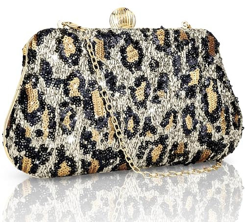 Farcauo Leopard Abendtaschen Damen Handtaschen Golden Clutch Kleine Schultertaschen Glitter Handtaschen für Hochzeit, Party, Party Animal Print Crossbody mit zwei abnehmbaren Ketten