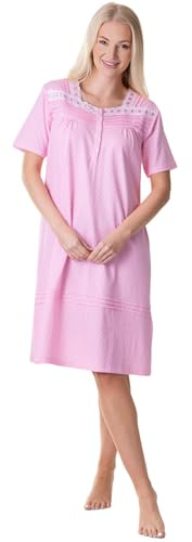 Camille 100% Cotton Short Sleeved Women's Nightie | Knee Length Nightdress | Comfortable & Breathable Traditional Nighty with Buttons | Classic Nightwear with Short Sleeves | White Polka Dot 18-20