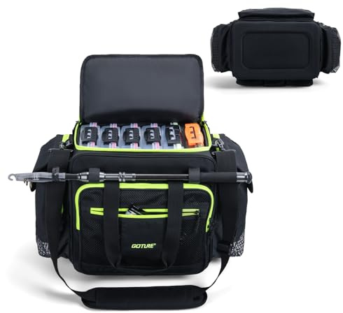 Goture Fishing Tackle Bag, 600D Waterproof Fishing Tackle Storage Bag with IPX5 EVA Bottom, SBS Zippers, Multiple Pockets to Fit 9 Tackle Boxes, Fishing Gifts for Men, Fishing Bag Black