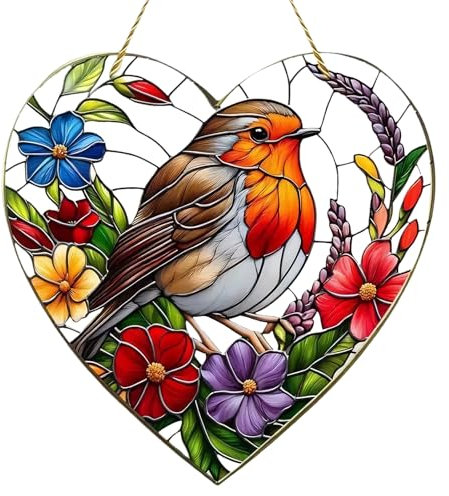 Window Sun Catcher, 20x20CM Large Heart-Shaped Robin Stained Glass Suncatcher – Decorative Hanging Ornament for Windows, Ideal for Home, Garden, or Gift