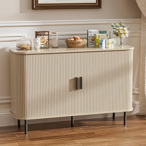 FiveWillowise Küchenschrank, Sideboard mit 2 Schiebetüren, Verstellbaren Ablagen, Aufbewahrungsschrank, Kaffeebar-Schrank, Anrichte für Küche, Esszimmer, Wohnzimmer, 120 x 40 x 77cm, Beige