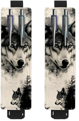 VAPOKF 2 portapenne regolabili con fascia elastica per quaderni, in pelle PU, portapenne, custodia per riviste, libri, agende, raccoglitori, tablet, motivo: lupi