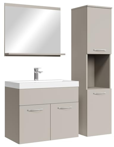 Badplaats Badmöbel Komplettset Montreal 60 x 35 cm Cashmere - Badezimmermöbel mit Waschbecken, Spiegel und Badezimmerschrank