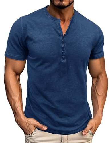 Generico Henley Shirt Uomo Slim Fit, Maglietta Uomo Maniche Corte T-Shirt Collo Rotondo Elastico E Traspirante con Bottoni Magliette Tinta Unita Elegante attività All'Aperto Top per Il Tempo Libero