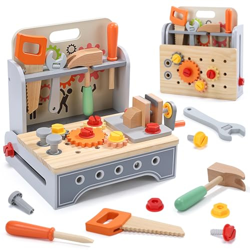 CUTE STONE Bois Boite a Outils Enfant, Boîte à Outils 2-en-1 et Mallette de Bricolage Portable, Jeux Montessori, Jeu d’Imitation de Construction pour Garçons et Filles 3 Ans et Plus
