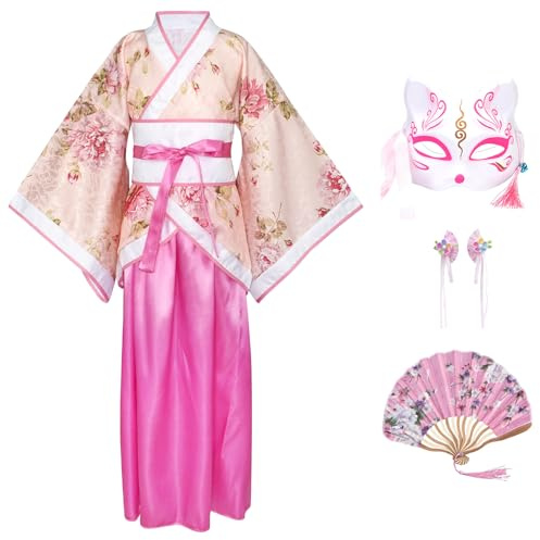 CRFASIBE Hanfu-klänning för flickor, traditionell kinesisk barndräkt, present Hanfu-set för flickor med huvudbonad för festivalfester Cosplay(130/140/150 cm), Rosa, 130