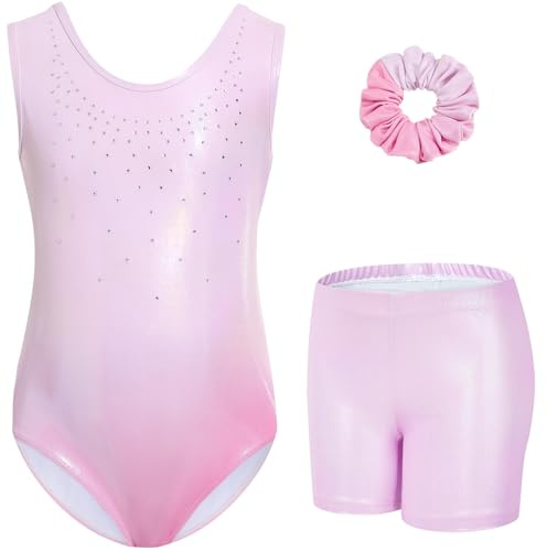 Gogokids Tredelade gymnastiktrikåer för flickor, set med ärmlös trikå, shorts och hårband, glittrande balettdräkter, dansdräkter, gymnastikdräkt med tonad färgdesign, för 3–12 år