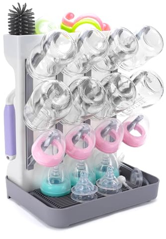 ZYLOHA Baby Bottle Drying Rack: Space Saving Vertical Bottle Drying Holder with Brushes Holder - Large Bottle Storage Holder Organizer 12 Bottles & Baby Accessories,BPA-Free, Gray