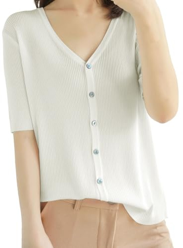 Cárdigan elegante de verano de manga corta para mujer, tallas grandes, suéter de punto fino, cuello en V, chaqueta de verano, cárdigan ligero con botones, cárdigan de punto fino, Blanco, XXL