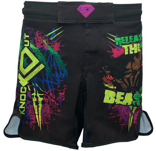 KO Sports Gear Muay Thai, Wrestling, Grappling, BJJ and MMA Shorts for Men and Boys, 4-Way Stretch Fighting Shorts, YXXS-A3XL, Release the Beast, 36