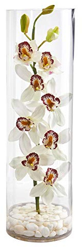 Nearly Natural Cymbidium Orchid Artificial Arrangement in Tall Cylinder Vase