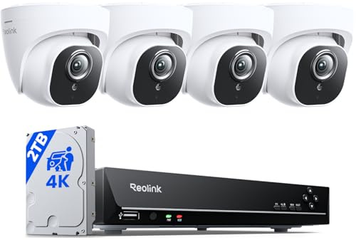 REOLINK 4K Security Camera System, 4pcs H.265 PoE Wired Turret Cameras with Person Vehicle Detection, 4K/8MP 8CH NVR with 2TB HDD for 24-7 Recording, RLK8-800D4