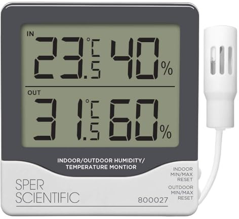 Sper Scientific Indoor/Outdoor Humidity and Temperature Monitor 800027 - Large LCD Display with Outdoor Sensor, Max/Min Memory for Home, Office, Greenhouse & Weather Station