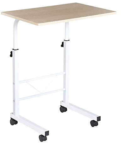 HOMCOM Beistelltisch höhenverstellbarer Couchtisch mobiler Endschreibtisch mit Rädern Feststellbremsen C-Tische Spanplatte Stahl Eisen Kunststoff Weiße Ahornfarbe 60 x 40 x 68-78 cm