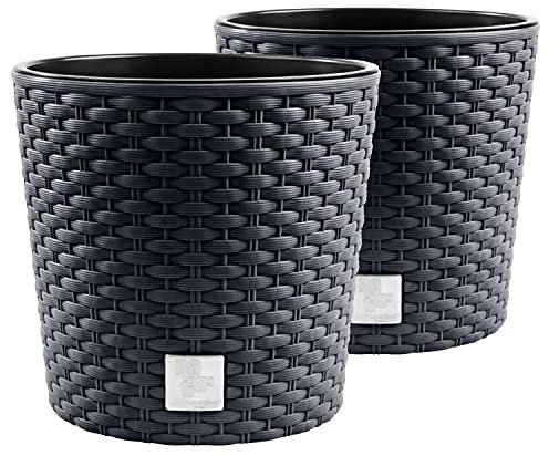 PAFEN 2X Blumentopf RATTO Rattan-Optik Kunststoff Topf Blumenkübel inkl. Einsatz Übertopf Anthrazit ⌀40cm